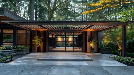 Fototapeta premium Modern carport with wooden slats and glass panels, in front of the house, with a concrete floor and trees around it. 