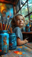 Very old used and messy water color paint box with a brush