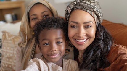 Fototapeta premium Lesbians, women, and guy take selfie, grin, and care with portrait, post, and blog on living room floor. Mother, son, and joyful for love, bonding, or Social media memories at home