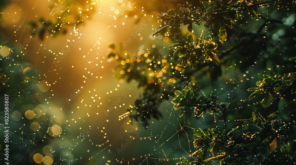 Poster close-up of spider and cobweb on tree branches with dew drops and sunbeam in the macro photography