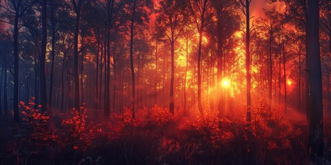 Autumn trees in the forest at sunset