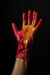 Hand wearing red latex glove covered in honey on black background. 