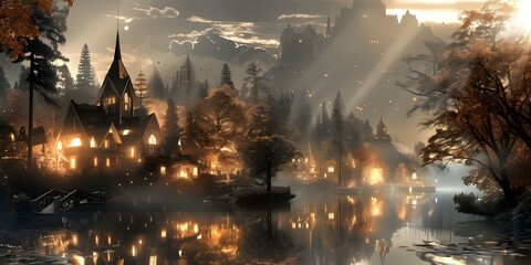 Spooky fantasy village artwork with an eerie vibe. Concept Fantasy Village, Eerie Atmosphere, Spooky Artwork, Dark Fantasy, Enchanting Illustration