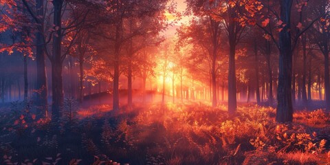 Autumn trees in the forest at sunset