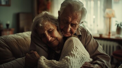 Mixed-race senior couple hugging at home in living room. In lounge, smiling elderly couple and wife embrace. Happy, fun retired couple in love