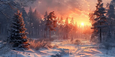 Winter snowy frosty forest at sunset - Powered by Adobe