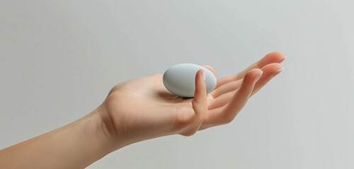 Soft gray oval cream mockup in a woman's hand, showcased in a minimalist style with an extended panoramic backdrop.