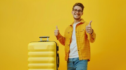 A man in a plaid shirt and glasses is holding a yellow suitcase with both hands and giving a thumbs up. He is smiling and has a beard.


