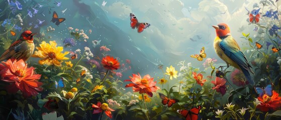 Obraz premium Mystical watercolor painting of a whimsical garden with vibrant flowers and colorful butterflies.