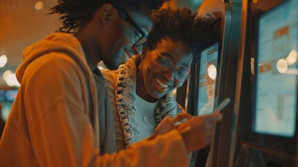 Couple typing on airport self-service screen for digital passport or flight data to fly. Smart check, woman or pleased man tapping kiosk code for futuristic technology