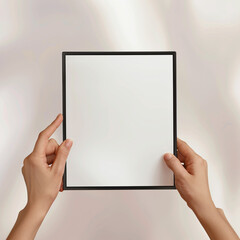Digital frame presentation by a woman, medium size, soft-focus.