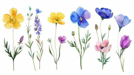 A beautiful watercolor painting of various wildflowers. The flowers are in shades of yellow, blue, and purple. The painting has a soft, dreamy feel to it.