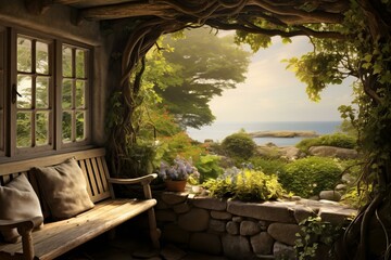 Cozy window seat with ocean view, surrounded by lush greenery and flowers