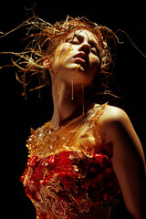 Woman in red dress covered in honey on black background.