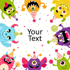 Monsters with confetti in flat style. Postcard, poster, banner with kids cartoon characters. Festive background.