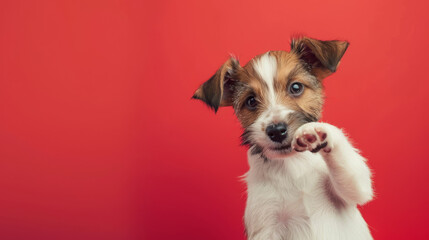 Playful Jack Russell Terrier Puppy Waving Hello, Featuring a Cute Expression on a Vivid Red Background. Funny animal for banner, flyer, poster, card with copy space