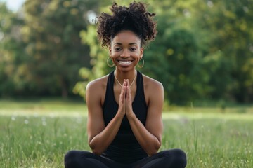 Nature portrait, yoga, and meditation with a black woman for mental health, wellbeing, or zen fitness. A female athlete sitting legs crossed for inner serenity outside can park, exercise, or meditate.