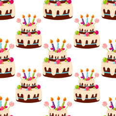 Two tier cake in flat style on a white background. Pattern for textile, wrapping paper, background. Festive chocolate cake with cream, candles and sweet decor. 