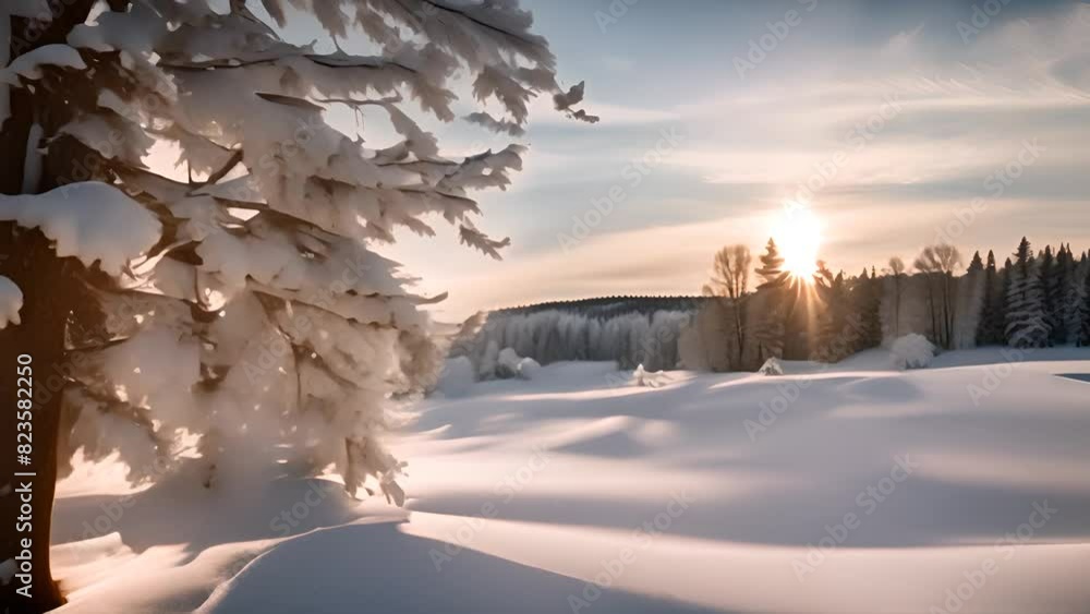 Poster snow covered field with tree in the foreground generative ai