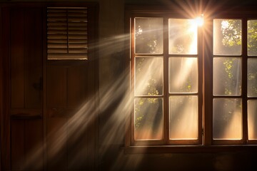 Warm sunlight filters through an old wooden window, casting beautiful rays and shadows