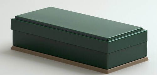 Neutral-toned base showcasing an emerald green rectangular box with a forest green lid.