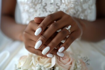 Afro-American Bride Hands With Long Almond Shaped Nails Painted With White Nail Polish With Glitter Nail Salon