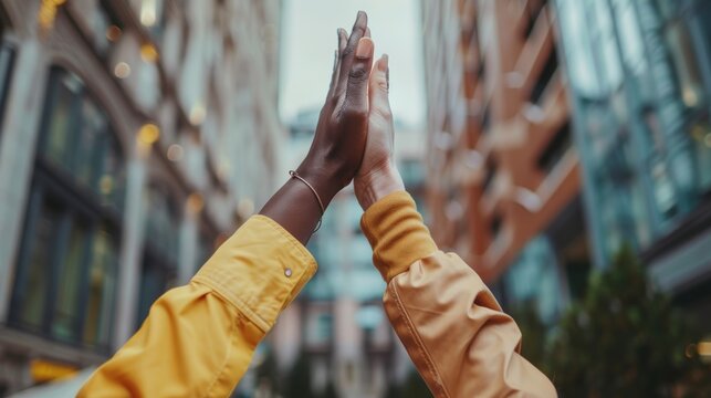 With blue sky background, sports, collaboration, and hands high five for support, motivation, and community. Collaboration, teamwork, and game-ready players, training, and celebration