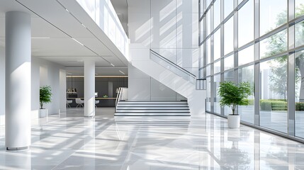 Modern office building interior with staircase and glass windows, white walls, gray floor tiles, and high ceilings. In the center of the picture is an open space for business activities. 
