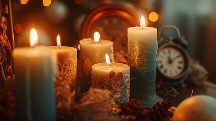 Romantic Christmas still life with an assortment of burning candles, various sizes and shapes, clocks enhancing the festive ambiance, captured in close-up