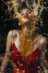 Woman in red dress covered in honey on black background.