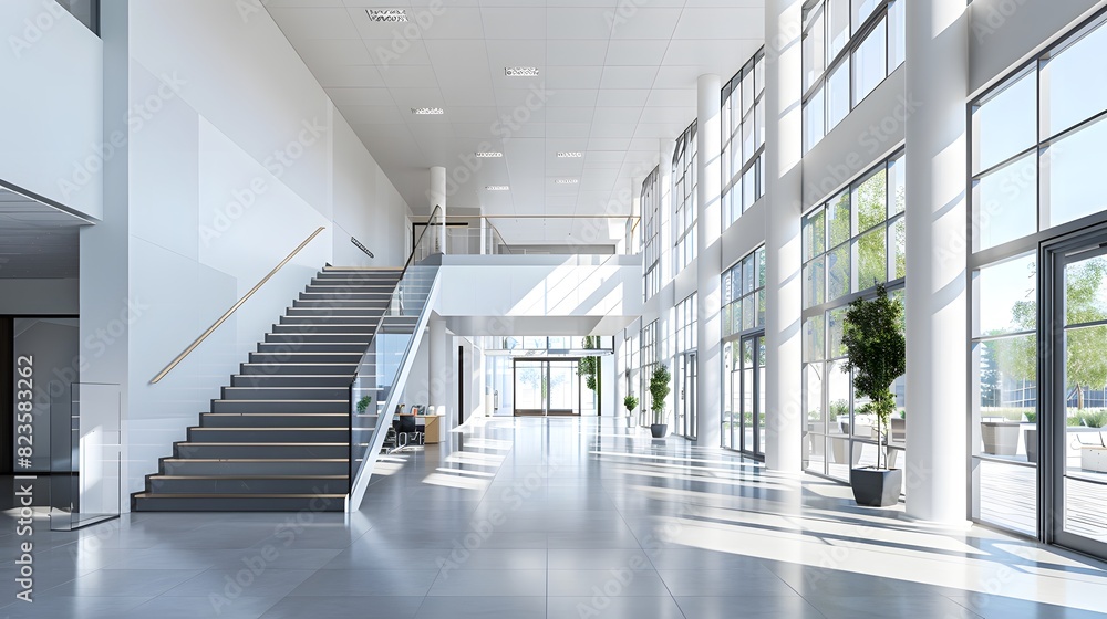 Wall mural modern office building interior with staircase and glass windows, white walls, gray floor tiles, and