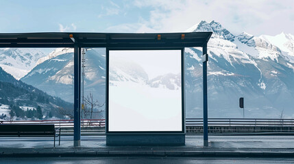 Bus stop with an expansive vertical blank billboard, snowy mountain range backdrop.