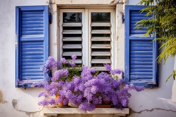 Traditional white wall with open blue shutters adorned by vibrant wisteria flowers