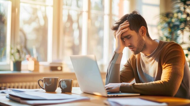 Laptop, headache, or unhappy man stress over financial crypto issue, forex stock market disaster, or NFT portfolio mistake. A burnout profile, 404 fintech fail, or exhausted man worries