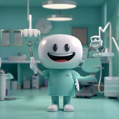 Friendly 3D Dentist Character in a Modern Dental Office Holding a Dental Tool with a Smile - Dental Care and Health Concept