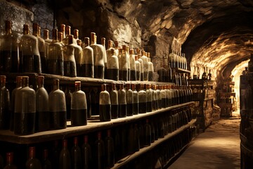 Dimly lit wine cellar with rows of dust-covered vintage bottles stored on wooden racks