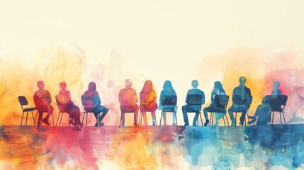 A group of diverse people sitting in a row on chairs. The watercolor painting is in muted colors.