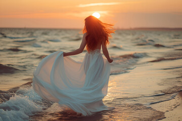 Beauty young redhead woman, fairy bride in long white wedding dress on seashore and sunset. Back view, Running on the waves. Natural seascape, summertime. Generate AI