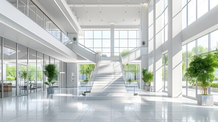 Modern office building interior with staircase and glass windows, white walls, gray floor tiles, and high ceilings. In the center of the picture is an open space for business activities. 
