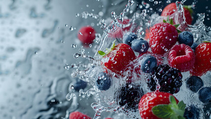 Various berries in splash of clean water. Food advertising background. Generative AI. Fresh juicy blackberries, strawberries, raspberries and blueberries