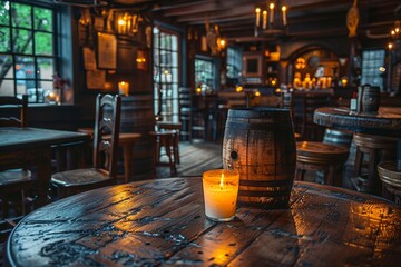 Quaint tavern with a warm, inviting atmosphere, featuring worn leather chairs, wooden barrels, and soft candlelight