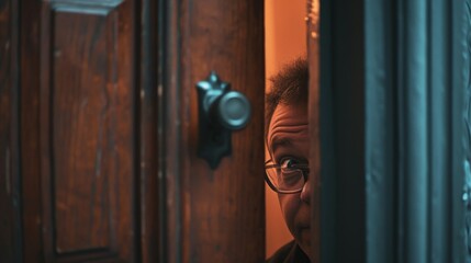 An older man with glasses looks through a narrow door crack, expressing curiosity and cautiousness in a dimly lit setting.