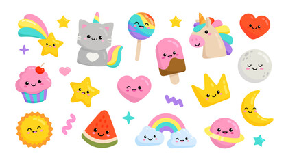 Pastel Pony Unicorn and funny Cat Unicorn with kawaii icons: cupcake, fulling star, rainbow, heart, happy planet etc for pajamas prints and greeting card, birthday party