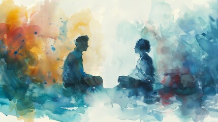 A watercolor painting of two figures talking.