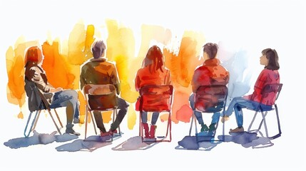 A watercolor painting of five people sitting in chairs in a circle.