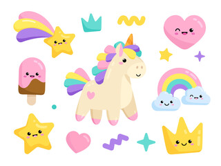 Pony Unicorn and funny kawaii icons: ice cream, crown, rainbow, heart, falling star etc for pajamas prints and greeting card, birthday party decoration. Soft colors in pastel style