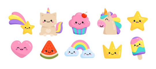 Pastel Pony Unicorn and funny Cat Unicorn with kawaii emoticons: cupcake, fulling star, rainbow, heart, happy crown icons set in soft colors for pajamas prints and greeting card, birthday party