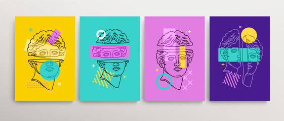 Contemporary art of Greek antique statue head with  abstract elements in Pop Art style. Editable vector Minimalism Pop Art poster, interior painting, print design. Modern abstract artwork collection 3