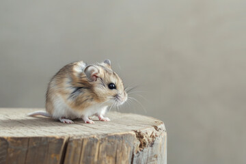 Cute Hamster Sitting on Wooden Surface. A cute hamster sitting on a wooden surface with a plain background with copy space.