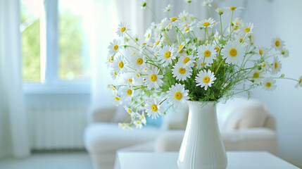 Harmonious living room with daisies in vase on white table.